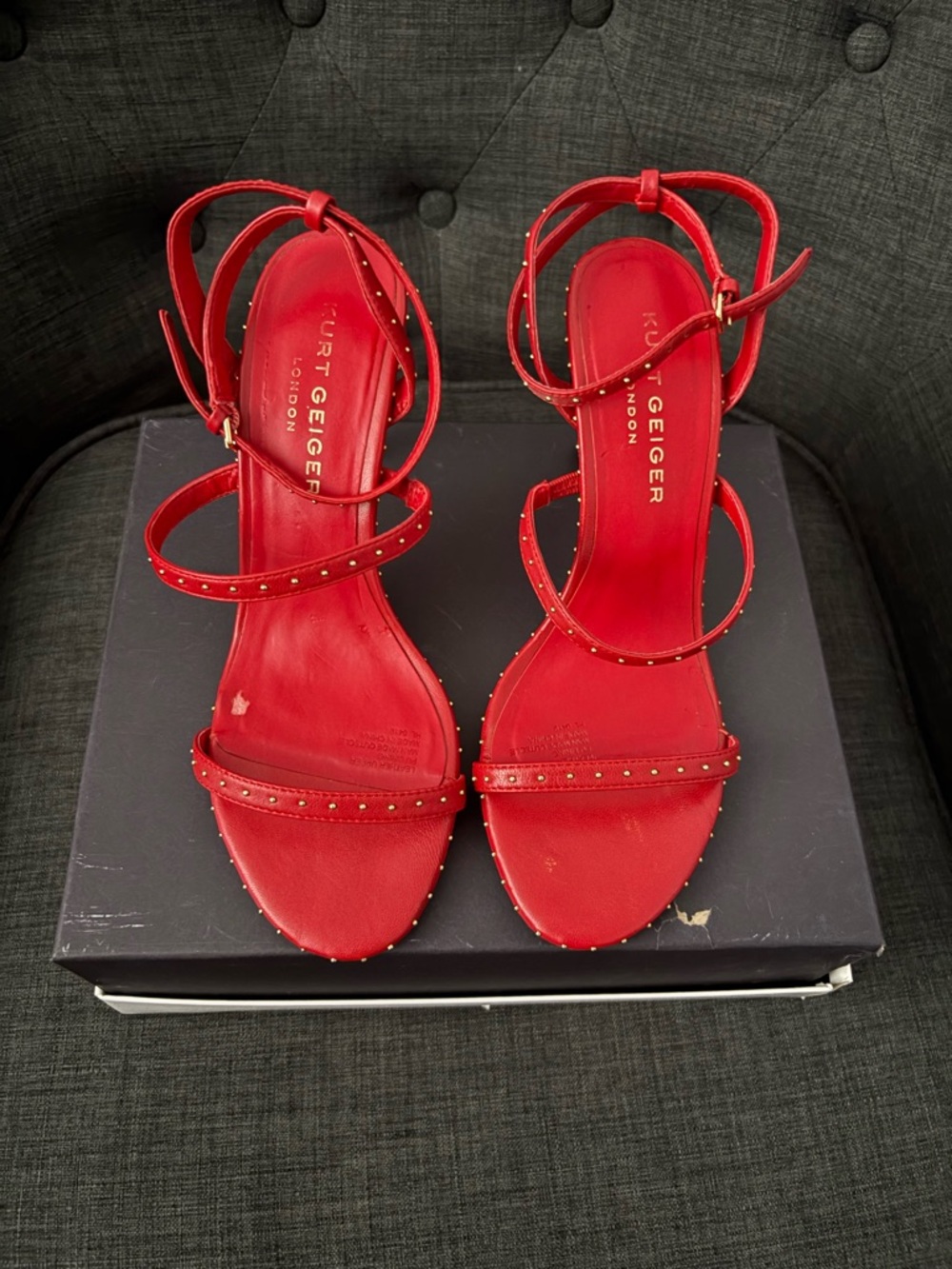 Kurt Geiger Red Studded Strappy High Heel Sandals - Picture 2 of 4